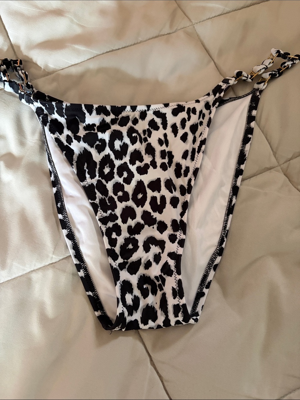 Victoria's Secret Black & White Leopard-Print Bikini Bottom with Chain Straps